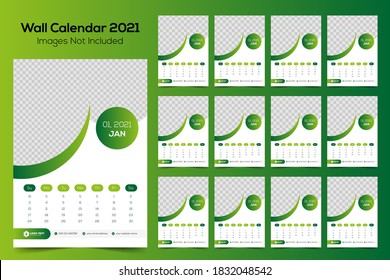 Diseño de calendario de pared 2021, 2021 с diseño alendar. Conjunto de 12 meses. La semana empieza el domingo. Calendario mensual de paredes 2021, ilustraciones abstractas de vectores artísticos.	