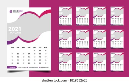 Wall Calendar Design 2021 Template, 12 Months Included , A3 Size , Print Ready File 