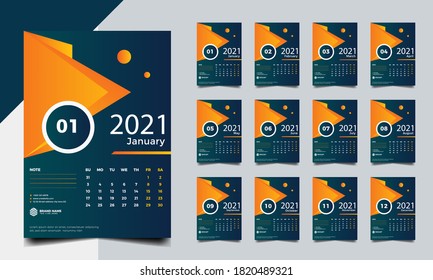 Plantilla de diseño de calendario de pared 2021, 12 meses incluidos , tamaño A3 , archivo preparado para impresión 