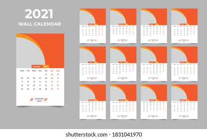 Diseño de calendario de pared 2021 Plantilla de conjunto de 12 meses, la semana comienza el lunes, Diseño de diseño de diseño, planificador de calendario
