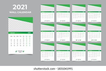 Wall calendar design 2021 template Set of 12 Months, Week starts Monday, Stationery design, calendar planner
