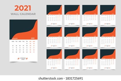 Diseño de calendario de pared 2021 Plantilla de conjunto de 12 meses, la semana comienza el lunes, Diseño de diseño de diseño, planificador de calendario
