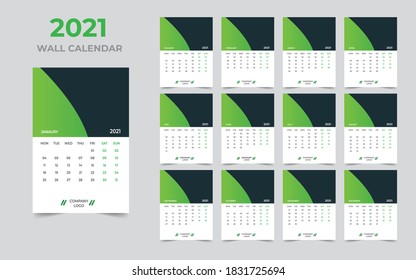 Wall calendar design 2021 template Set of 12 Months, Week starts Monday, Stationery design, calendar planner

