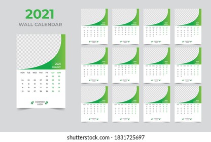 Wall calendar design 2021 template Set of 12 Months, Week starts Monday, Stationery design, calendar planner
