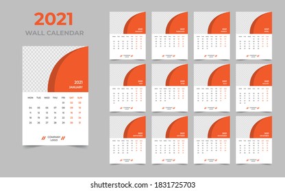 Diseño de calendario de pared 2021 Plantilla de conjunto de 12 meses, la semana comienza el lunes, Diseño de diseño de diseño, planificador de calendario
