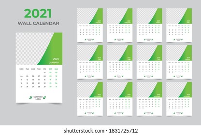 Wall calendar design 2021 template Set of 12 Months, Week starts Monday, Stationery design, calendar planner
