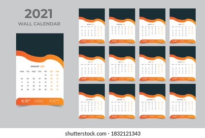 Wall calendar design 2021 template Set of 12 Months, Week starts Monday, Stationery design, calendar planner

