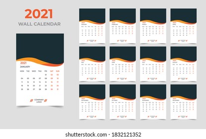 Wall calendar design 2021 template Set of 12 Months, Week starts Monday, Stationery design, calendar planner
