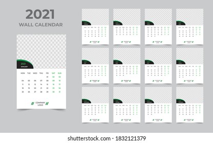 Wall calendar design 2021 template Set of 12 Months, Week starts Monday, Stationery design, calendar planner
