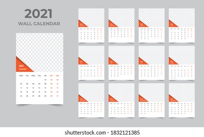 Wall calendar design 2021 template Set of 12 Months, Week starts Monday, Stationery design, calendar planner
