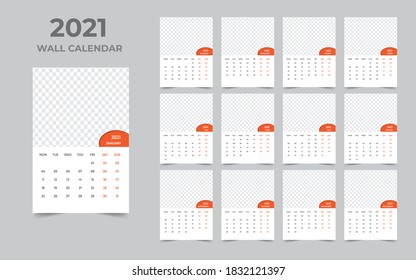 Wall calendar design 2021 template Set of 12 Months, Week starts Monday, Stationery design, calendar planner
