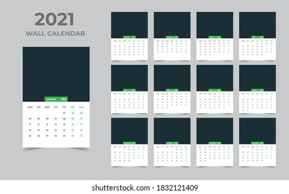 Wall calendar design 2021 template Set of 12 Months, Week starts Monday, Stationery design, calendar planner
