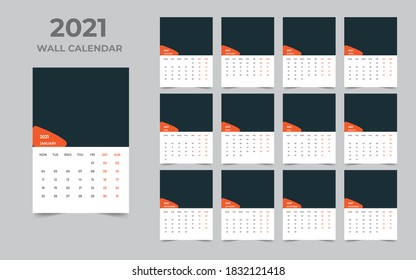 Wall calendar design 2021 template Set of 12 Months, Week starts Monday, Stationery design, calendar planner
