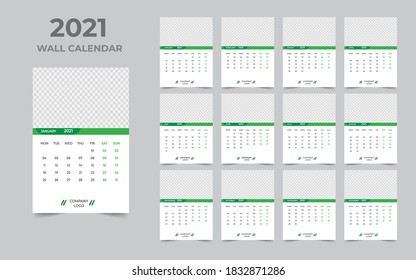 Diseño de calendario de pared 2021 Plantilla de conjunto de 12 meses, la semana comienza el lunes, Diseño de diseño de diseño, planificador de calendario
