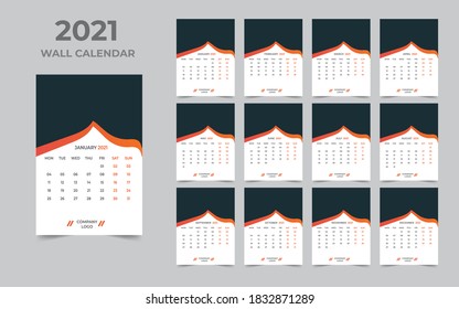 Wall calendar design 2021 template Set of 12 Months, Week starts Monday, Stationery design, calendar planner
