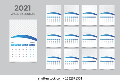 Wall calendar design 2021 template Set of 12 Months, Week starts Monday, Stationery design, calendar planner
