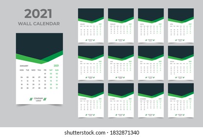 Wall calendar design 2021 template Set of 12 Months, Week starts Monday, Stationery design, calendar planner
