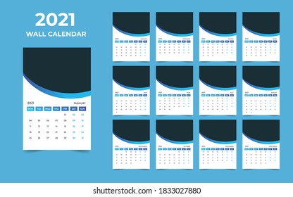 Wall calendar design 2021 template Set of 12 Months, Week starts Monday, Stationery design, calendar planner
