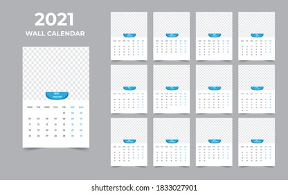 Wall-Kalender-Design 2021 Vorlage Set von 12 Monaten, Woche beginnt Montag, Schreibtischdesign, Kalenderplaner
