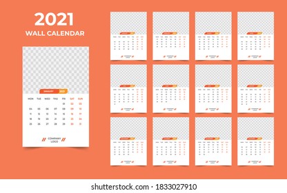 Wall calendar design 2021 template Set of 12 Months, Week starts Monday, Stationery design, calendar planner

