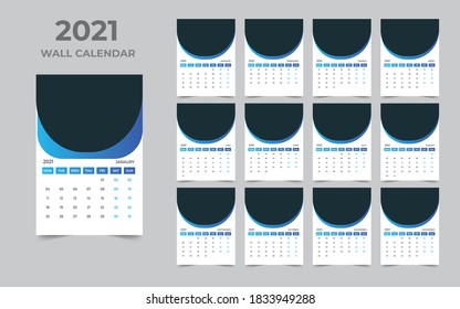 Wall-Kalender-Design 2021 Vorlage Set von 12 Monaten, Woche beginnt Montag, Schreibtischdesign, Kalenderplaner
