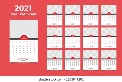 Wall calendar design 2021 template Set of 12 Months, Week starts Monday, Stationery design, calendar planner
