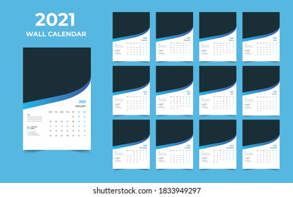 Wall calendar design 2021 template Set of 12 Months, Week starts Monday, Stationery design, calendar planner
