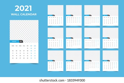 Diseño de calendario de pared 2021 Plantilla de conjunto de 12 meses, la semana comienza el lunes, Diseño de diseño de diseño, planificador de calendario
