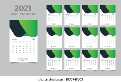 Wall calendar design 2021 template Set of 12 Months, Week starts Monday, Stationery design, calendar planner
