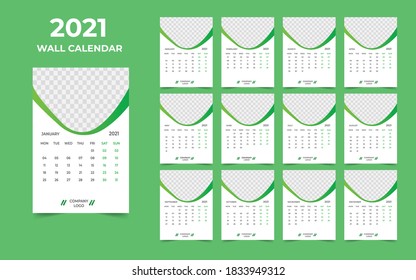 Diseño de calendario de pared 2021 Plantilla de conjunto de 12 meses, la semana comienza el lunes, Diseño de diseño de diseño, planificador de calendario
