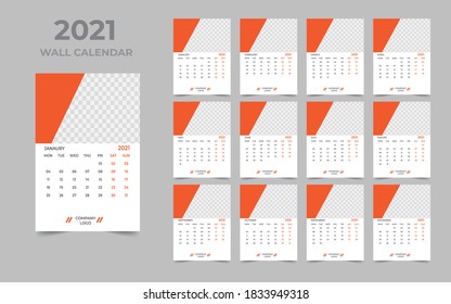 Wall calendar design 2021 template Set of 12 Months, Week starts Monday, Stationery design, calendar planner
