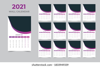 Diseño de calendario de pared 2021 Plantilla de conjunto de 12 meses, la semana comienza el lunes, Diseño de diseño de diseño, planificador de calendario
