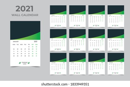Wall calendar design 2021 template Set of 12 Months, Week starts Monday, Stationery design, calendar planner
