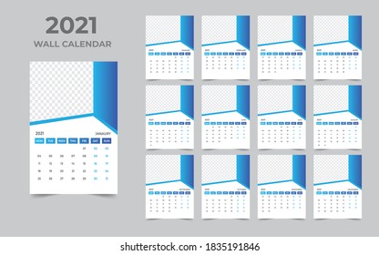 Wall calendar design 2021 template Set of 12 Months, Week starts Monday, Stationery design, calendar planner
