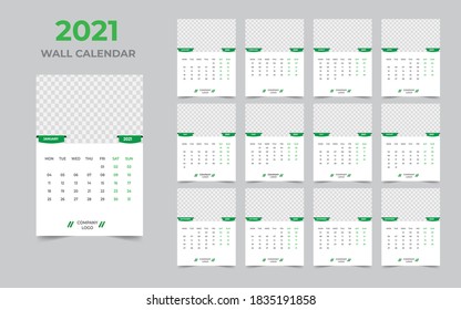 Wall calendar design 2021 template Set of 12 Months, Week starts Monday, Stationery design, calendar planner
