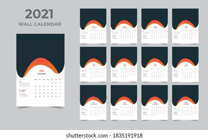 Wall-Kalender-Design 2021 Vorlage Set von 12 Monaten, Woche beginnt Montag, Schreibtischdesign, Kalenderplaner
