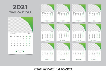 Diseño de calendario de pared 2021 Plantilla de conjunto de 12 meses, la semana comienza el lunes, Diseño de diseño de diseño, planificador de calendario
