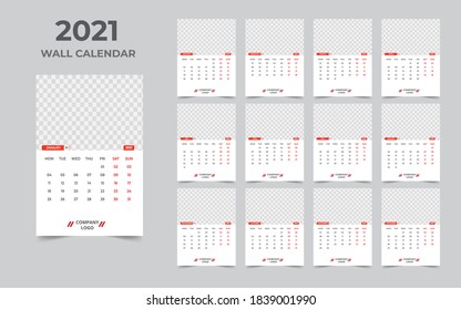 Wall calendar design 2021 template Set of 12 Months, Week starts Monday, Stationery design, calendar planner
