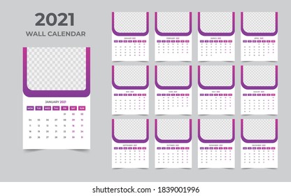 Wall calendar design 2021 template Set of 12 Months, Week starts Monday, Stationery design, calendar planner
