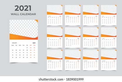 Wall calendar design 2021 template Set of 12 Months, Week starts Monday, Stationery design, calendar planner
