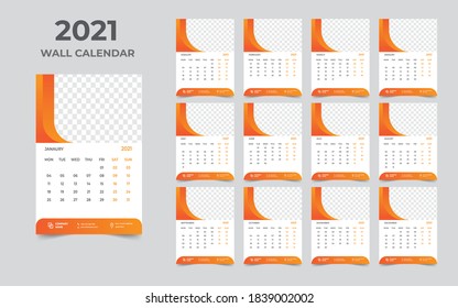 Diseño de calendario de pared 2021 Plantilla de conjunto de 12 meses, la semana comienza el lunes, Diseño de diseño de diseño, planificador de calendario

