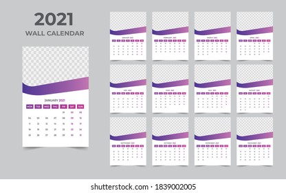 Diseño de calendario de pared 2021 Plantilla de conjunto de 12 meses, la semana comienza el lunes, Diseño de diseño de diseño, planificador de calendario

