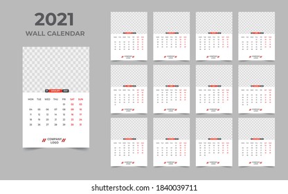 Wall-Kalender-Design 2021 Vorlage Set von 12 Monaten, Woche beginnt Montag, Schreibtischdesign
