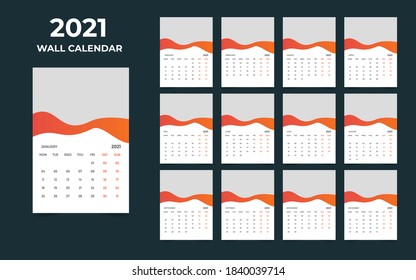 Wall-Kalender-Design 2021 Vorlage Set von 12 Monaten, Woche beginnt Montag, Schreibtischdesign
