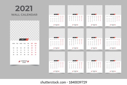 Diseño de calendario de pared 2021 Plantilla Set de 12 meses, Semana comienza el lunes, Diseño de estacionamientos
