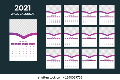 Wall-Kalender-Design 2021 Vorlage Set von 12 Monaten, Woche beginnt Montag, Schreibtischdesign
