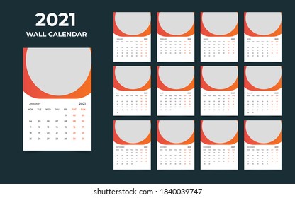 Wall calendar design 2021 template Set of 12 Months, Week starts Monday, Stationery design
