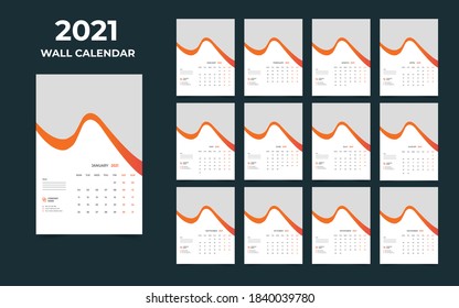 Wall calendar design 2021 template Set of 12 Months, Week starts Monday, Stationery design
