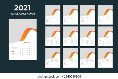 Wall calendar design 2021 template Set of 12 Months, Week starts Monday, Stationery design
