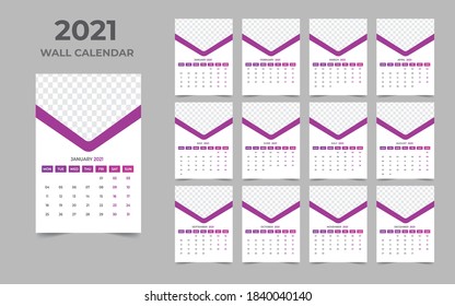 Wall calendar design 2021 template Set of 12 Months, Week starts Monday, Stationery design